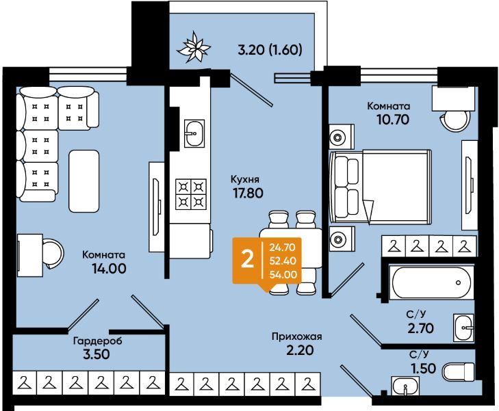 Продаётся 1-комнатная квартира, 54 м²