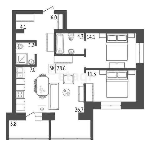 Продаётся 2-комнатная квартира, 78.6 м²