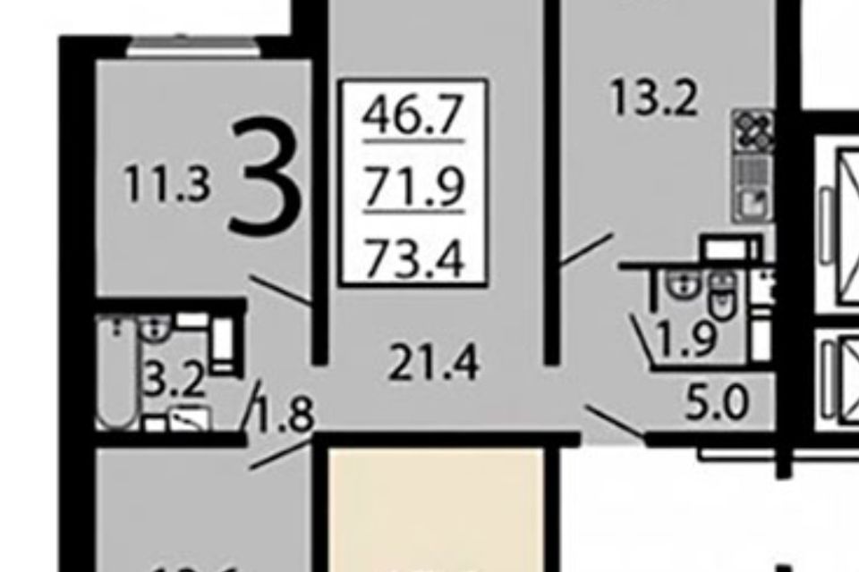 Продаётся 3-комнатная квартира, 73 м²