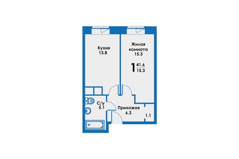 Продаётся 1-комнатная квартира, 41.6 м²