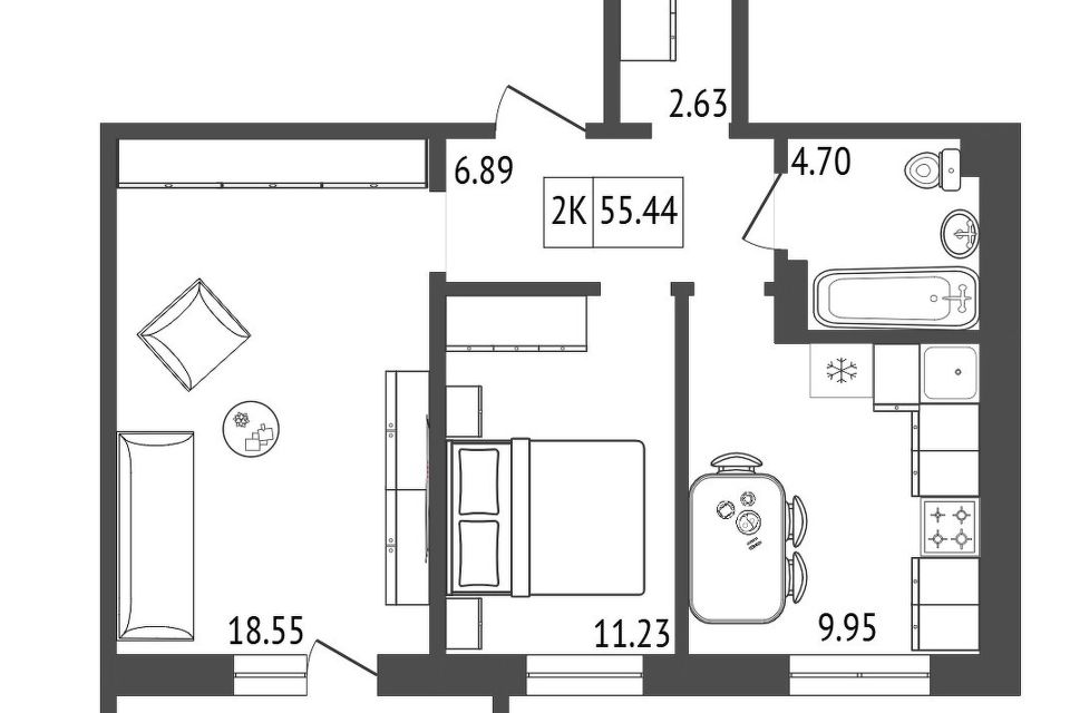 Продаётся 2-комнатная квартира, 55.44 м²