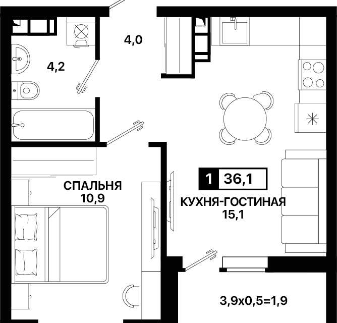 Продаётся 1-комнатная квартира, 36 м²