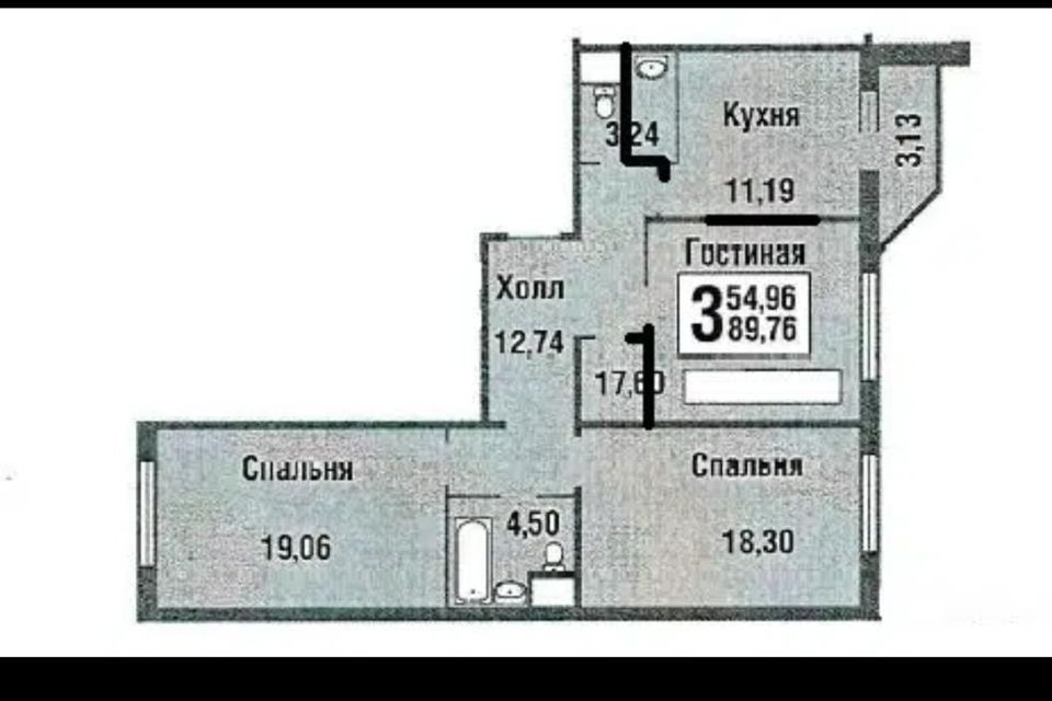 Продаётся 3-комнатная квартира, 89.76 м²