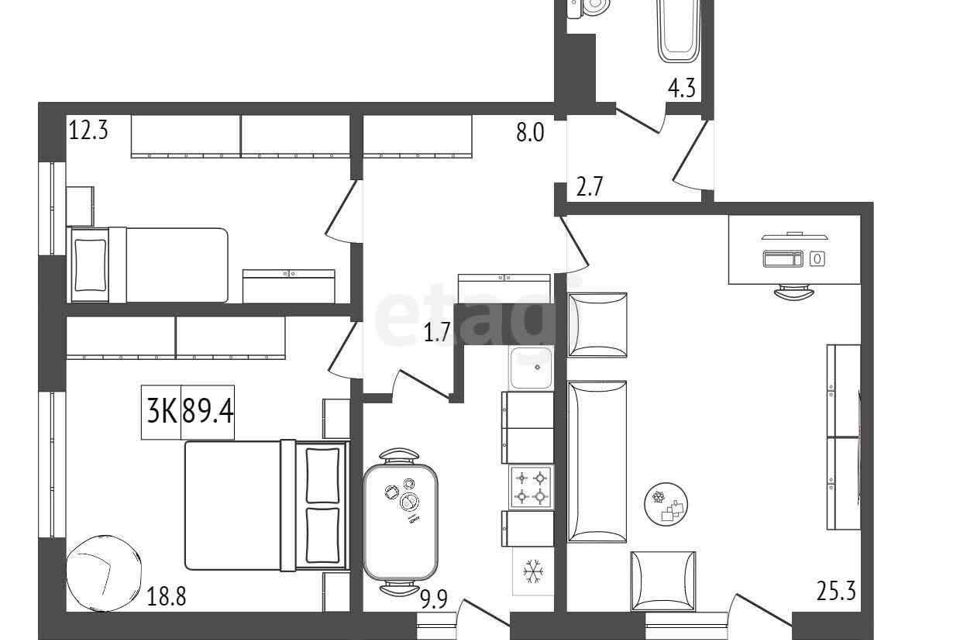 Продаётся 3-комнатная квартира, 89.4 м²