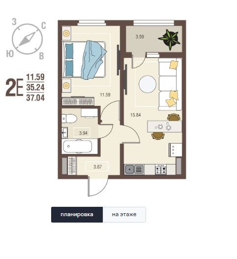Продаётся 1-комнатная квартира, 37.04 м²