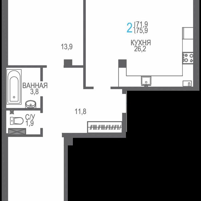 Продаётся 2-комнатная квартира, 75.9 м²