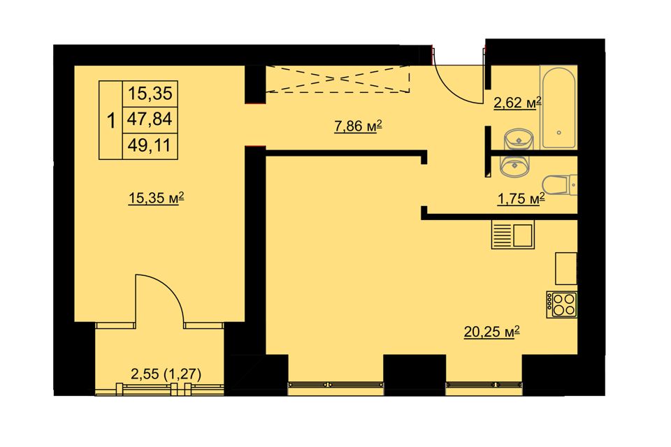 Продаётся 1-комнатная квартира, 46 м²
