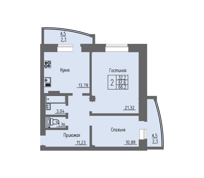 Продаётся 2-комнатная квартира, 66.2 м²