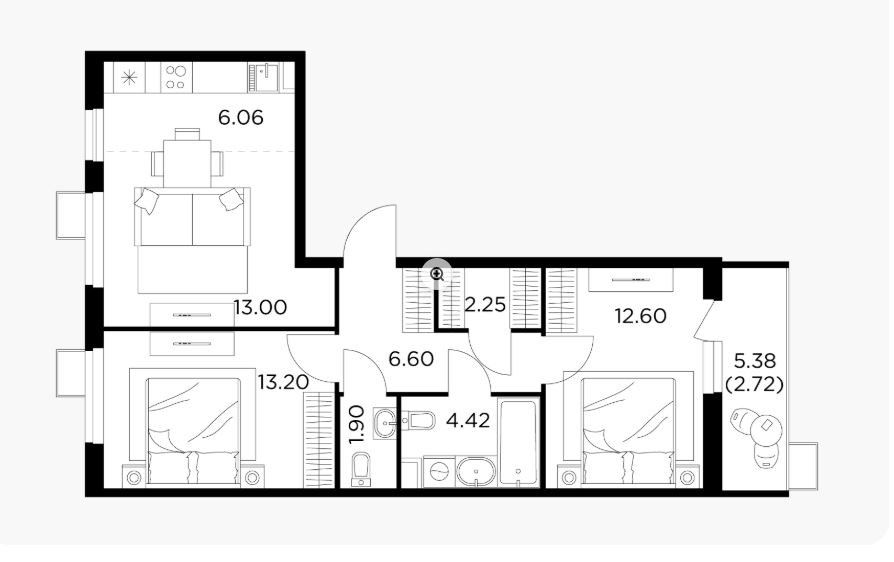 Продаётся 2-комнатная квартира, 62.6 м²