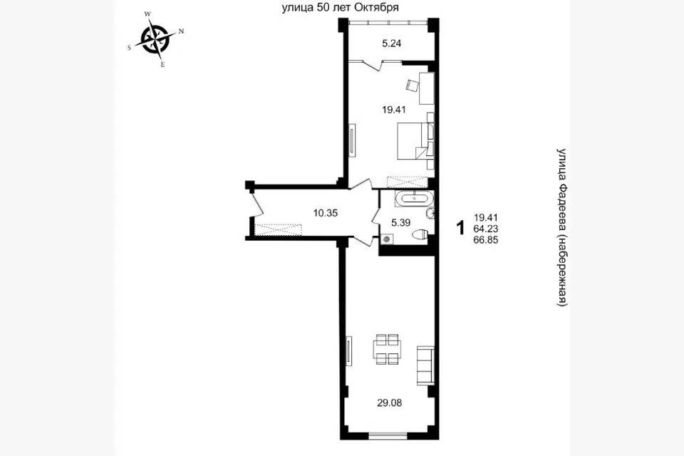 Продаётся 1-комнатная квартира, 66.9 м²