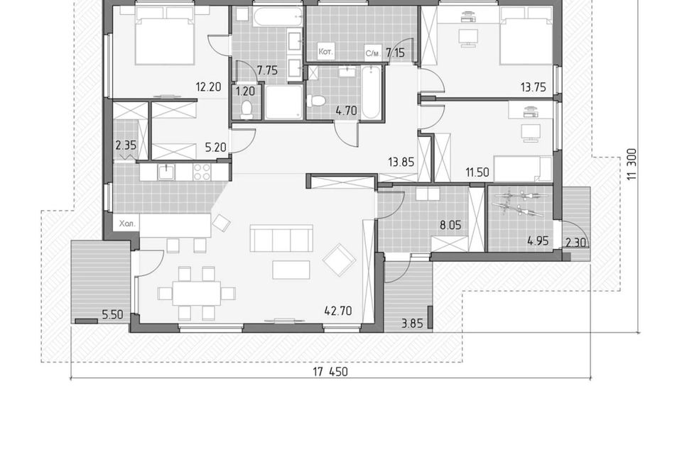 КРАСИВЫЙ КИРПИЧНЫЙ ОДНОЭТАЖНЫЙ ДОМ 135 кв. 14х12м. С БАНЕЙ, ТЕРРАСОЙ И НАВЕСОМ Д