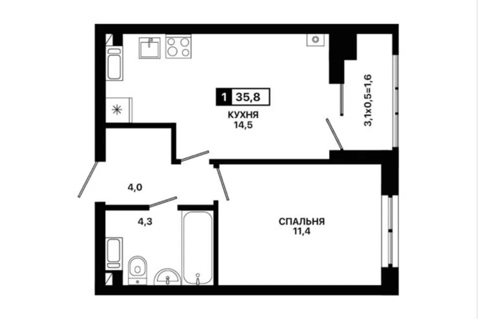 Продаётся 1-комнатная квартира, 35.8 м²