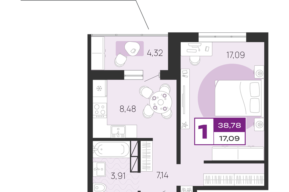 Продаётся 1-комнатная квартира, 38.78 м²