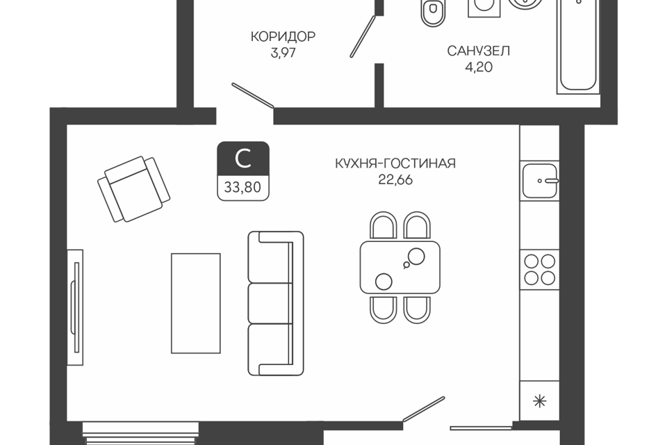 Продаётся студия, 33.8 м²