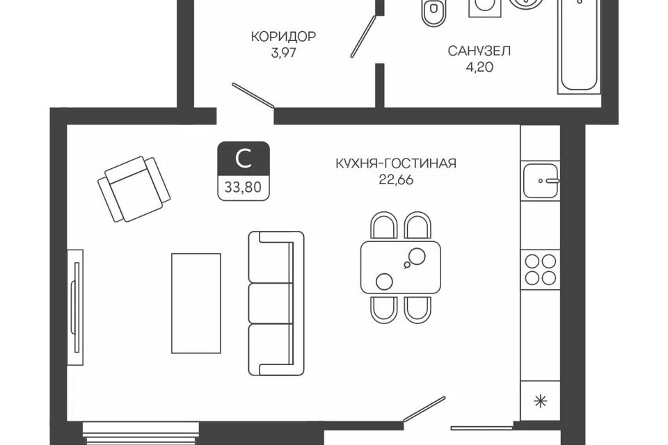 Продаётся студия, 33.8 м²