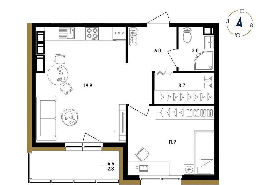 Продаётся 1-комнатная квартира, 44.6 м²