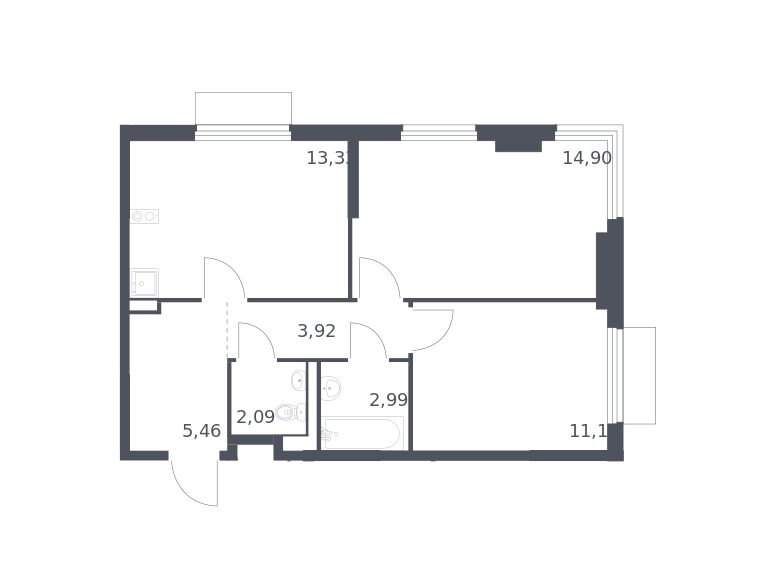 Продаётся 2-комнатная квартира, 53.81 м²