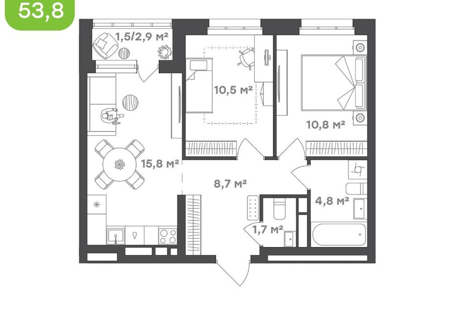 Продаётся 2-комнатная квартира, 53.8 м²
