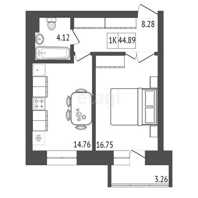 Продаётся 1-комнатная квартира, 44.89 м²