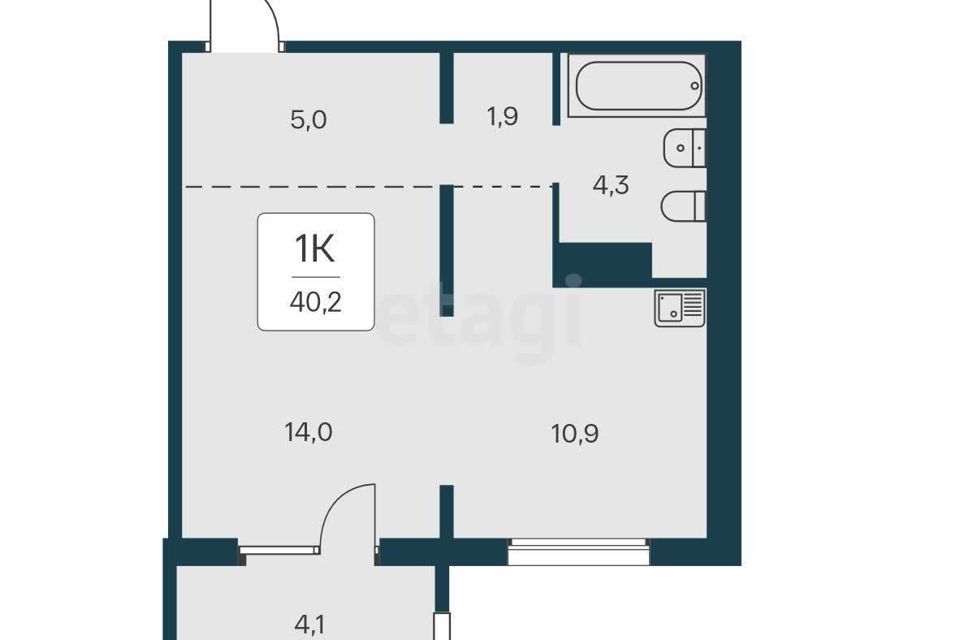 Продаётся 1-комнатная квартира, 40.2 м²