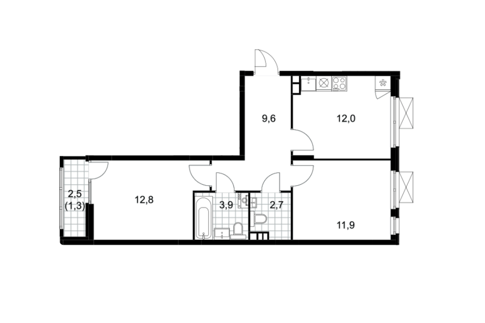 Продаётся 2-комнатная квартира, 54.2 м²