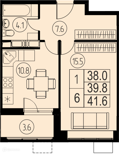 Продаётся 1-комнатная квартира, 39.8 м²