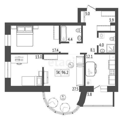 Продаётся 3-комнатная квартира, 96.2 м²