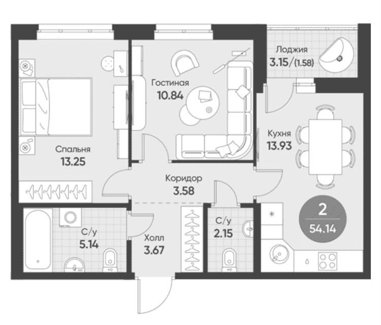 Продаётся 2-комнатная квартира, 53 м²