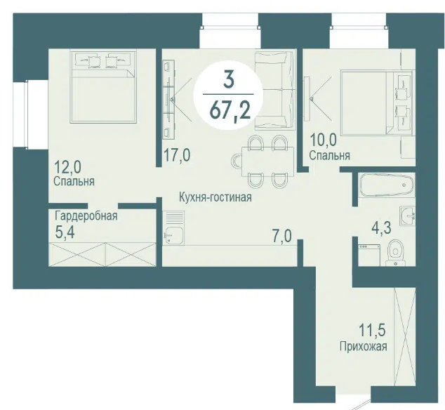 Продаётся 2-комнатная квартира, 67.2 м²