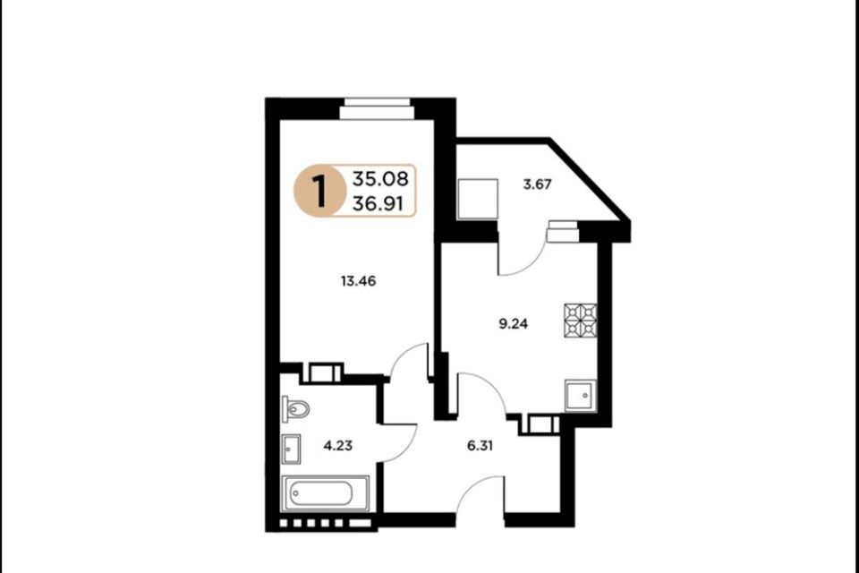 Продаётся 1-комнатная квартира, 36.91 м²