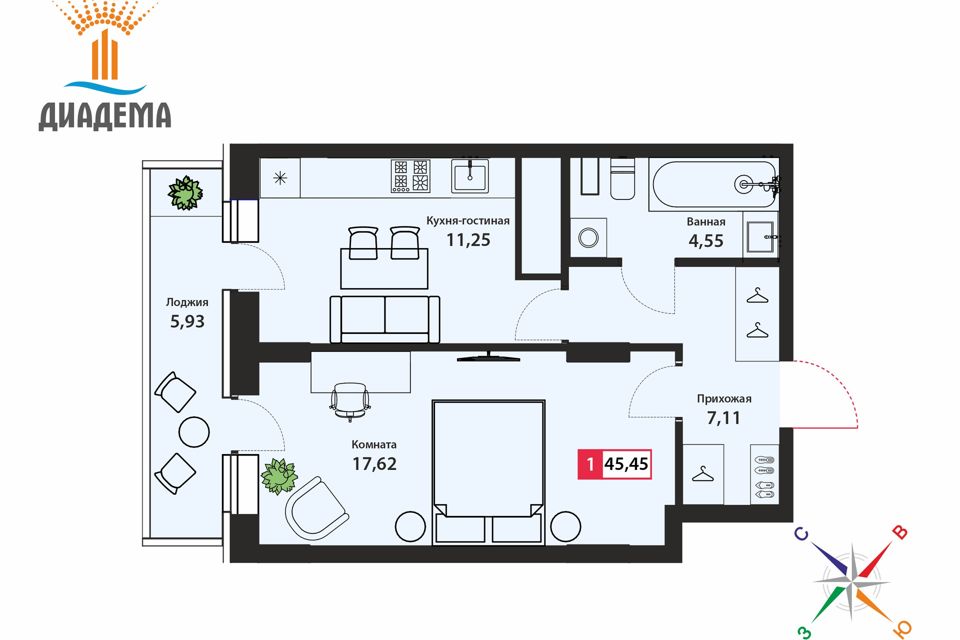 Продаётся 1-комнатная квартира, 40.9 м²