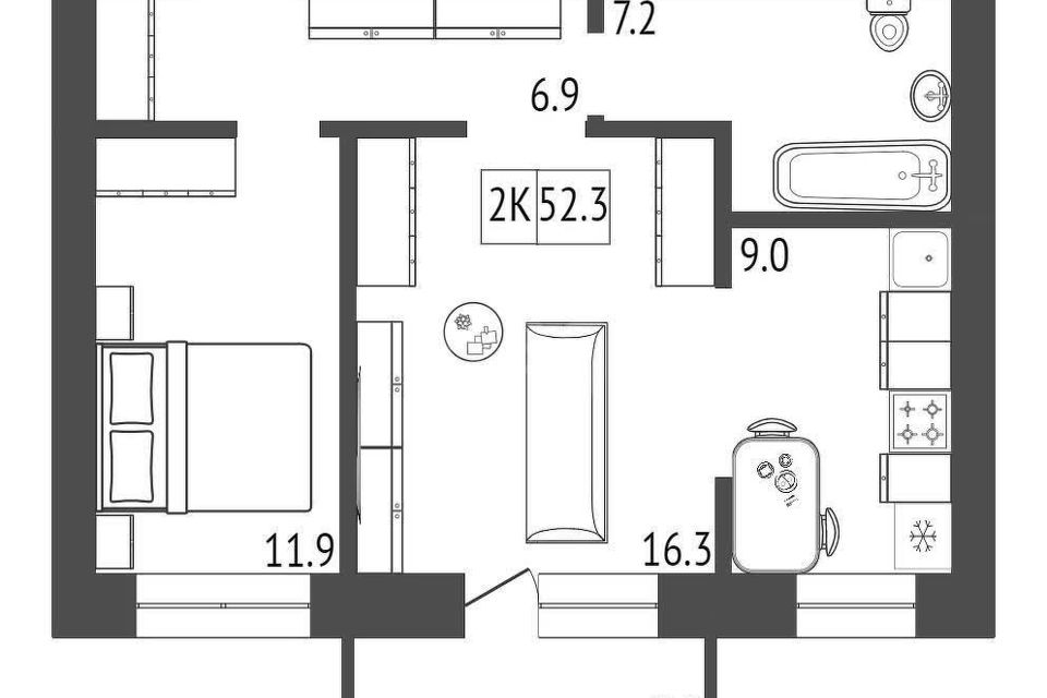 Продаётся 2-комнатная квартира, 52.3 м²