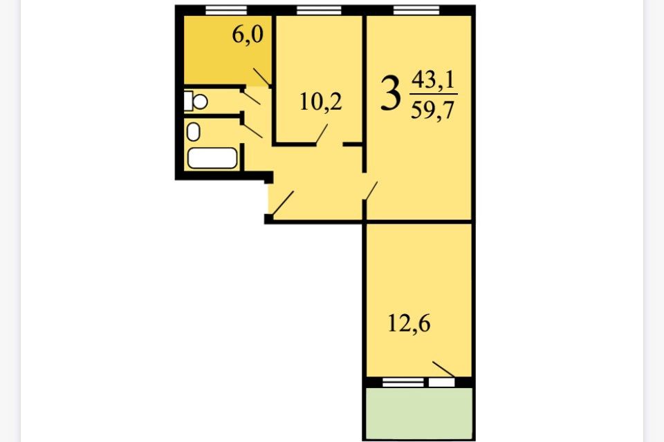 Продаётся 3-комнатная квартира, 59 м²