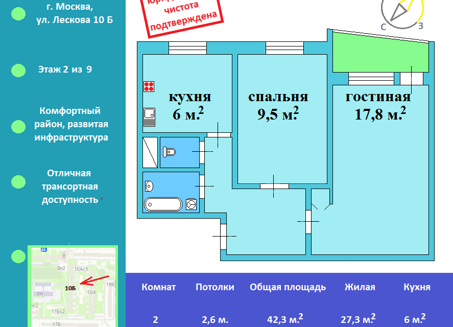 Продаётся 2-комнатная квартира, 42.3 м²