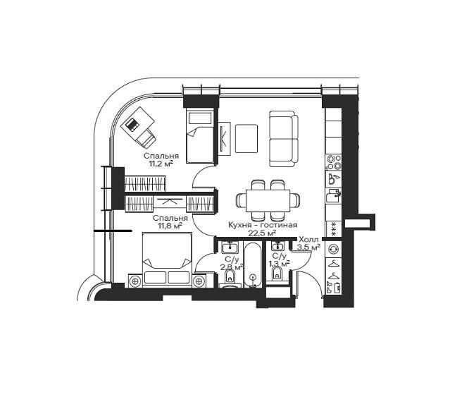 Продаётся 2-комнатная квартира, 53.1 м²