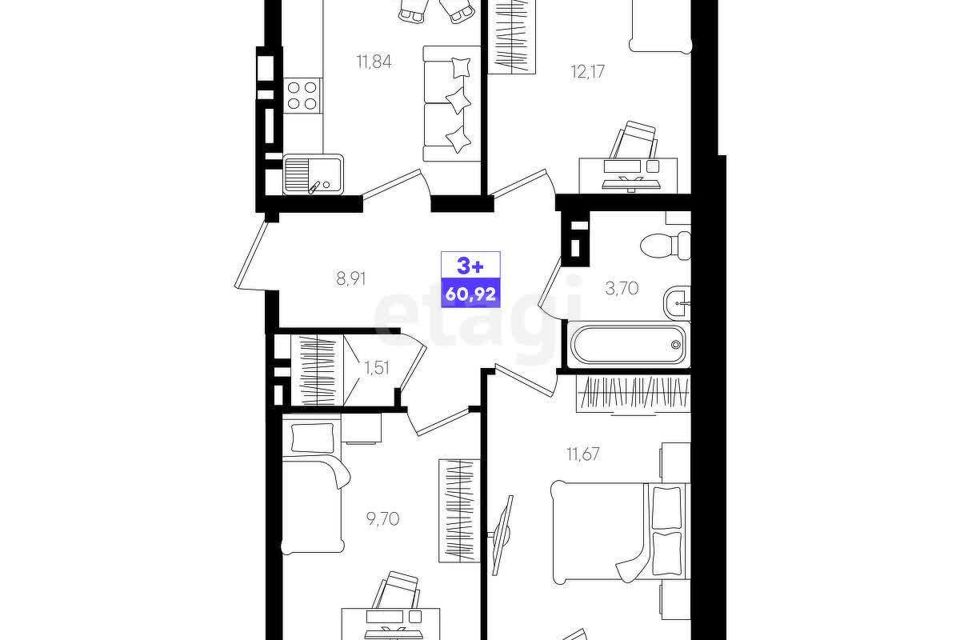 Продаётся 3-комнатная квартира, 60.9 м²