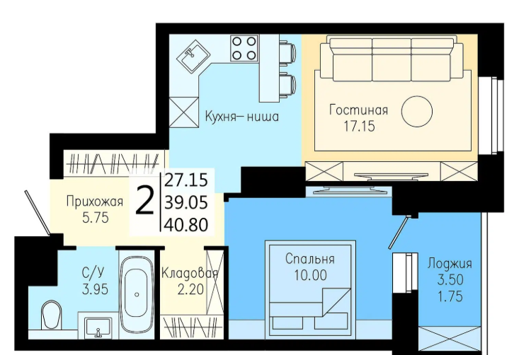 Продаётся 1-комнатная квартира, 40.8 м²