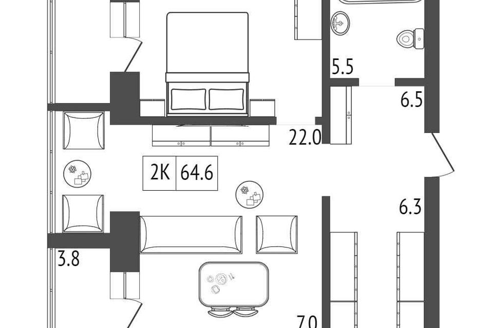 Продаётся 2-комнатная квартира, 64.6 м²