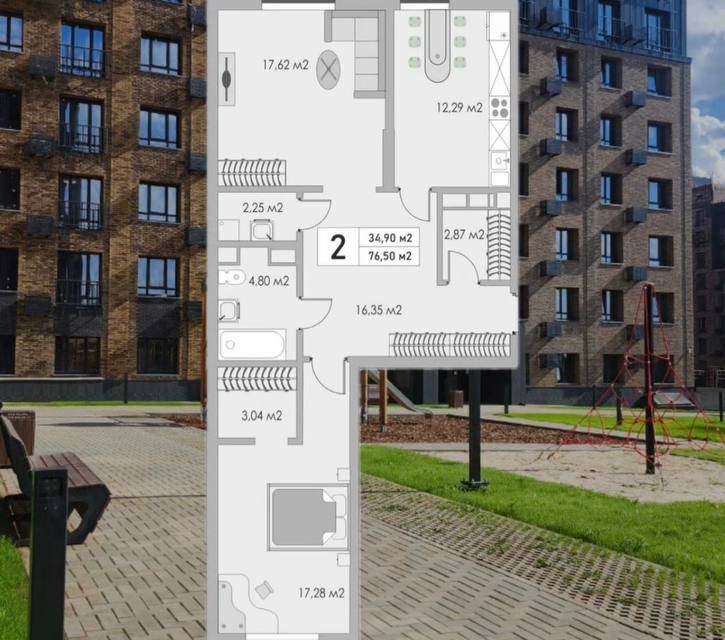Продаётся 2-комнатная квартира, 77 м²