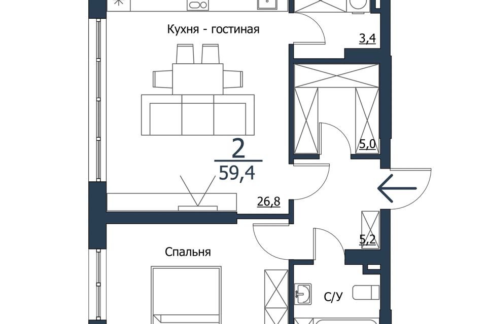 Продаётся 1-комнатная квартира, 59.4 м²