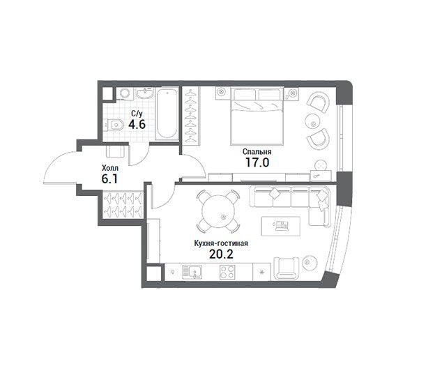 Продаётся 1-комнатная квартира, 47.9 м²