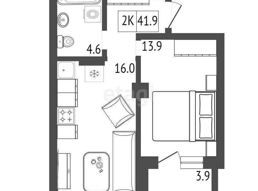Продаётся 1-комнатная квартира, 42.7 м²