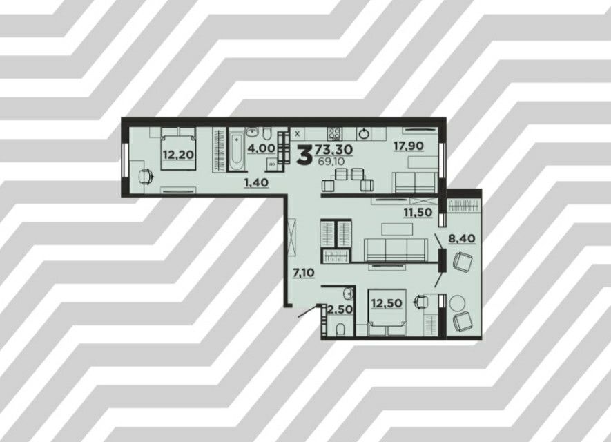 Продаётся 3-комнатная квартира, 73.3 м²