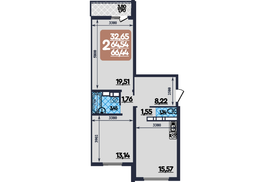 Продаётся 2-комнатная квартира, 66.4 м²