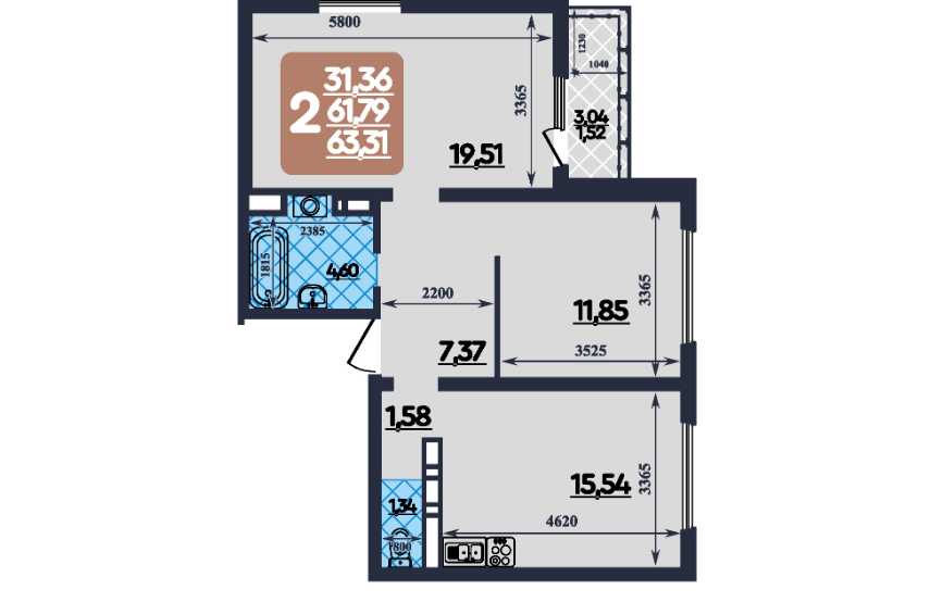 Продаётся 2-комнатная квартира, 63 м²