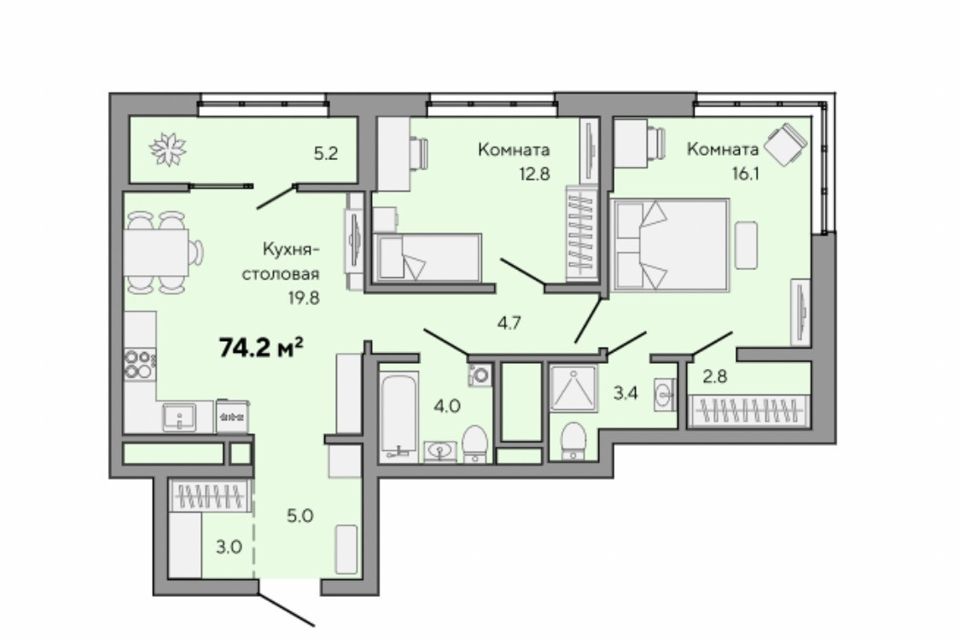 Продаётся 2-комнатная квартира, 75 м²