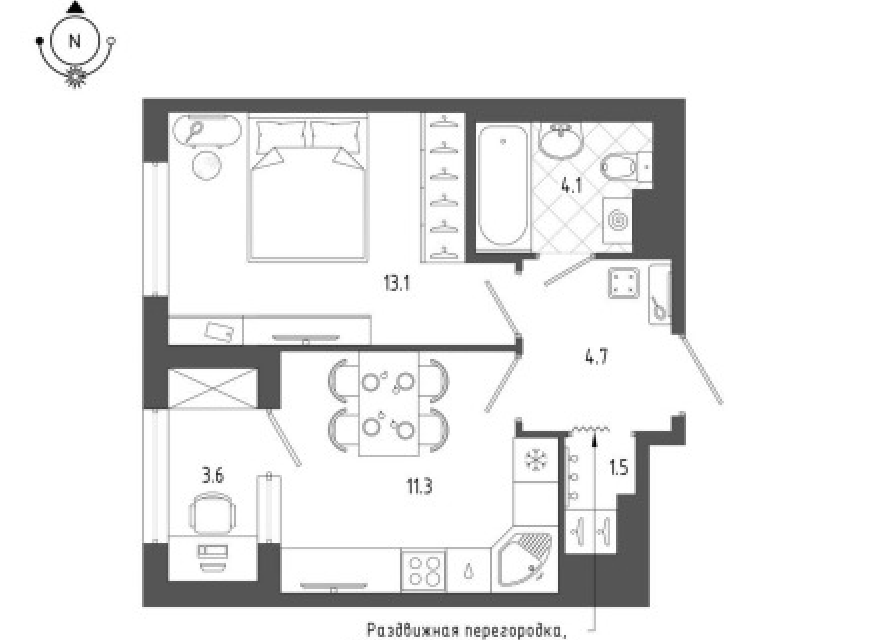 Продаётся 1-комнатная квартира, 34.7 м²