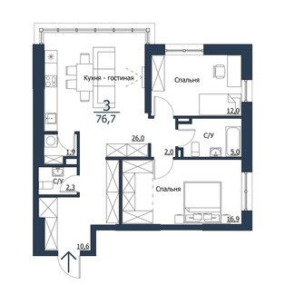 Продаётся 2-комнатная квартира, 76.7 м²