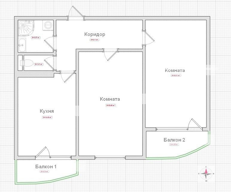 Сдаётся 2-комнатная квартира, 68.2 м²