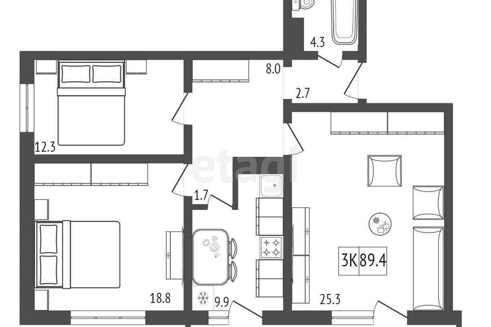 Продаётся 3-комнатная квартира, 89.4 м²